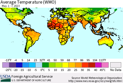 World Average Temperature (WMO) Thematic Map For 5/1/2023 - 5/7/2023
