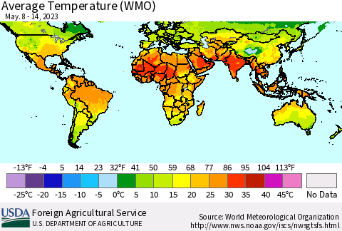 World Average Temperature (WMO) Thematic Map For 5/8/2023 - 5/14/2023