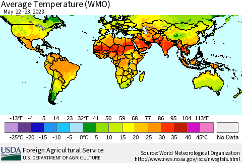 World Average Temperature (WMO) Thematic Map For 5/22/2023 - 5/28/2023
