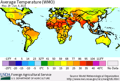 World Average Temperature (WMO) Thematic Map For 5/29/2023 - 6/4/2023