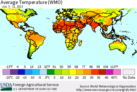 World Average Temperature (WMO) Thematic Map For 6/5/2023 - 6/11/2023