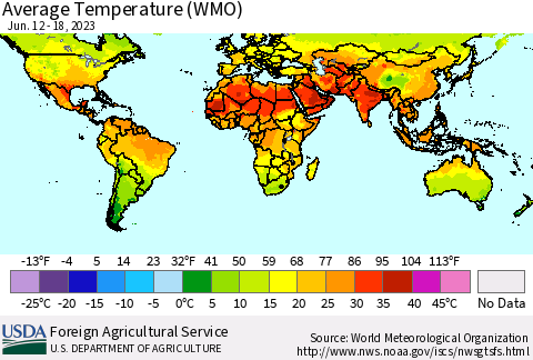 World Average Temperature (WMO) Thematic Map For 6/12/2023 - 6/18/2023