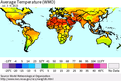 World Average Temperature (WMO) Thematic Map For 7/3/2023 - 7/9/2023