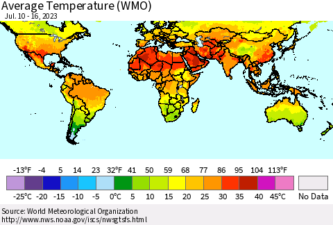 World Average Temperature (WMO) Thematic Map For 7/10/2023 - 7/16/2023