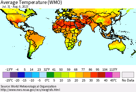 World Average Temperature (WMO) Thematic Map For 7/31/2023 - 8/6/2023