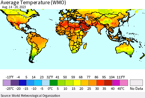 World Average Temperature (WMO) Thematic Map For 8/14/2023 - 8/20/2023