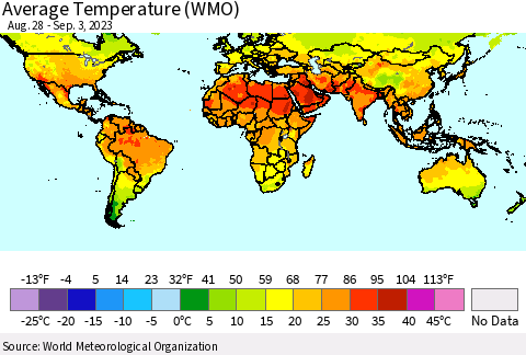 World Average Temperature (WMO) Thematic Map For 8/28/2023 - 9/3/2023
