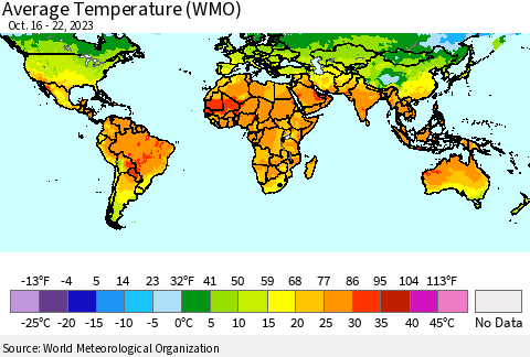 World Average Temperature (WMO) Thematic Map For 10/16/2023 - 10/22/2023