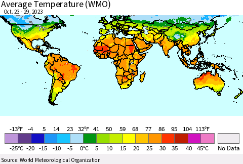 World Average Temperature (WMO) Thematic Map For 10/23/2023 - 10/29/2023