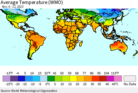 World Average Temperature (WMO) Thematic Map For 11/6/2023 - 11/12/2023