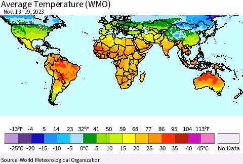 World Average Temperature (WMO) Thematic Map For 11/13/2023 - 11/19/2023