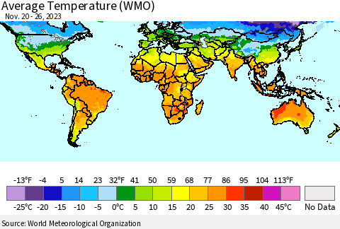 World Average Temperature (WMO) Thematic Map For 11/20/2023 - 11/26/2023