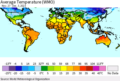 World Average Temperature (WMO) Thematic Map For 11/27/2023 - 12/3/2023