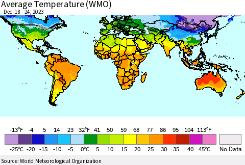 World Average Temperature (WMO) Thematic Map For 12/18/2023 - 12/24/2023