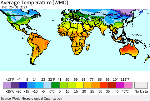 World Average Temperature (WMO) Thematic Map For 12/25/2023 - 12/31/2023