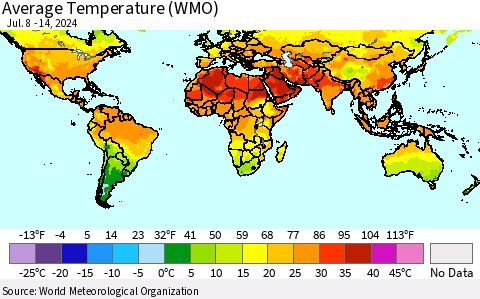 World Average Temperature (WMO) Thematic Map For 7/8/2024 - 7/14/2024