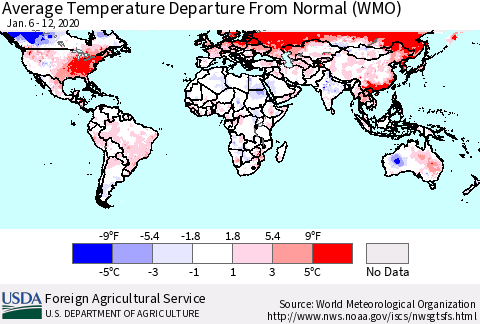 World Average Temperature Departure from Normal (WMO) Thematic Map For 1/6/2020 - 1/12/2020