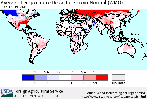 World Average Temperature Departure from Normal (WMO) Thematic Map For 1/13/2020 - 1/19/2020
