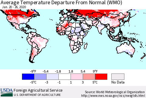 World Average Temperature Departure from Normal (WMO) Thematic Map For 1/20/2020 - 1/26/2020
