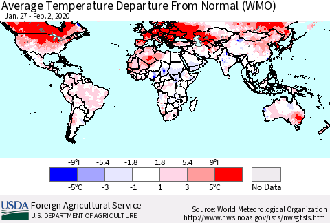 World Average Temperature Departure from Normal (WMO) Thematic Map For 1/27/2020 - 2/2/2020