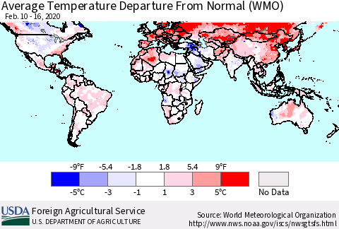 World Average Temperature Departure from Normal (WMO) Thematic Map For 2/10/2020 - 2/16/2020