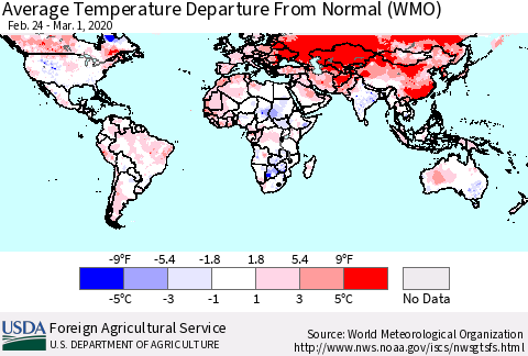 World Average Temperature Departure from Normal (WMO) Thematic Map For 2/24/2020 - 3/1/2020