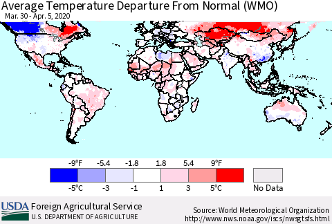 World Average Temperature Departure from Normal (WMO) Thematic Map For 3/30/2020 - 4/5/2020