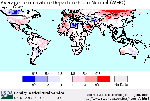 World Average Temperature Departure from Normal (WMO) Thematic Map For 4/6/2020 - 4/12/2020