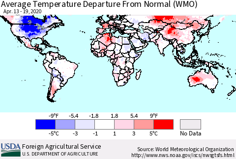 World Average Temperature Departure from Normal (WMO) Thematic Map For 4/13/2020 - 4/19/2020