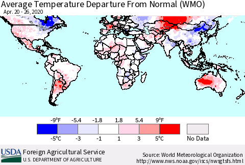 World Average Temperature Departure from Normal (WMO) Thematic Map For 4/20/2020 - 4/26/2020
