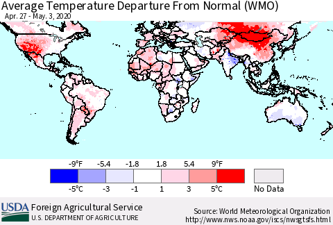 World Average Temperature Departure from Normal (WMO) Thematic Map For 4/27/2020 - 5/3/2020
