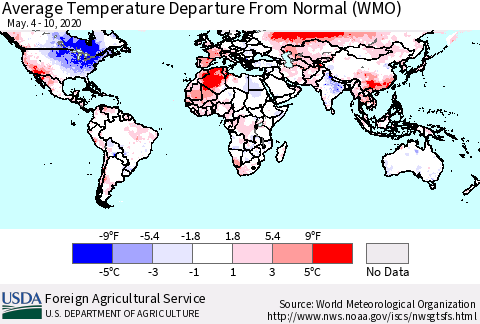 World Average Temperature Departure from Normal (WMO) Thematic Map For 5/4/2020 - 5/10/2020