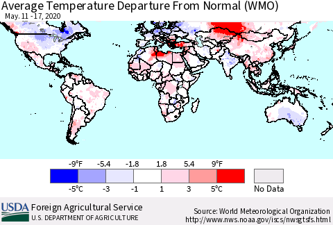 World Average Temperature Departure from Normal (WMO) Thematic Map For 5/11/2020 - 5/17/2020
