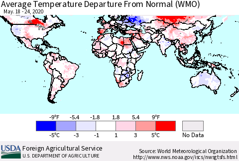 World Average Temperature Departure from Normal (WMO) Thematic Map For 5/18/2020 - 5/24/2020