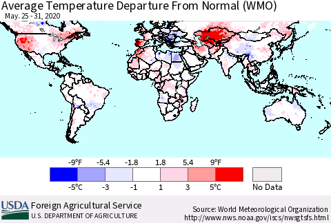 World Average Temperature Departure from Normal (WMO) Thematic Map For 5/25/2020 - 5/31/2020