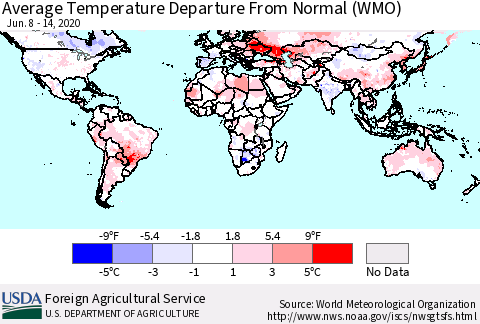 World Average Temperature Departure from Normal (WMO) Thematic Map For 6/8/2020 - 6/14/2020