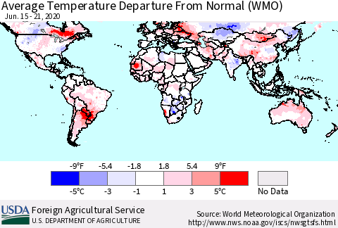 World Average Temperature Departure from Normal (WMO) Thematic Map For 6/15/2020 - 6/21/2020