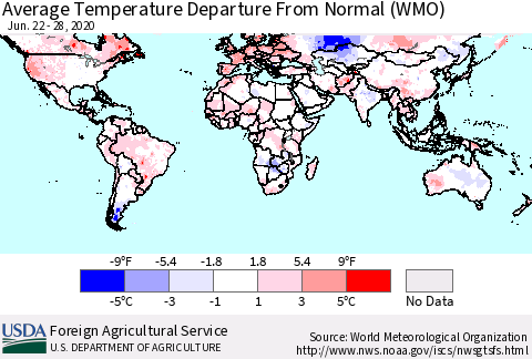 World Average Temperature Departure from Normal (WMO) Thematic Map For 6/22/2020 - 6/28/2020