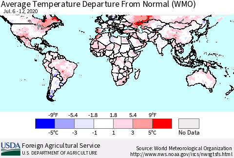 World Average Temperature Departure from Normal (WMO) Thematic Map For 7/6/2020 - 7/12/2020