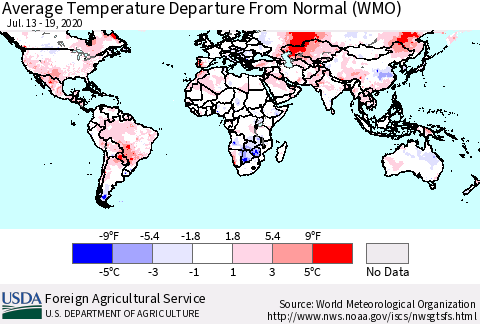 World Average Temperature Departure from Normal (WMO) Thematic Map For 7/13/2020 - 7/19/2020