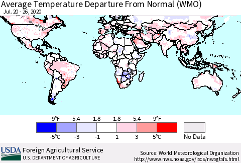 World Average Temperature Departure from Normal (WMO) Thematic Map For 7/20/2020 - 7/26/2020