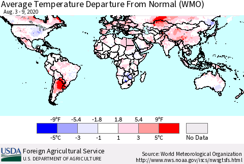 World Average Temperature Departure from Normal (WMO) Thematic Map For 8/3/2020 - 8/9/2020