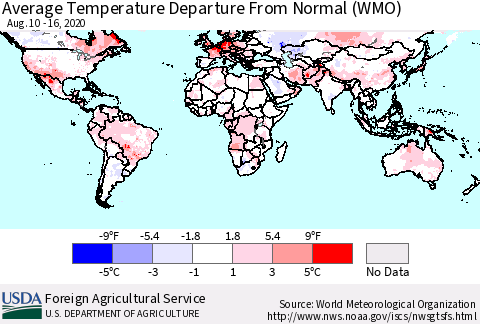 World Average Temperature Departure from Normal (WMO) Thematic Map For 8/10/2020 - 8/16/2020