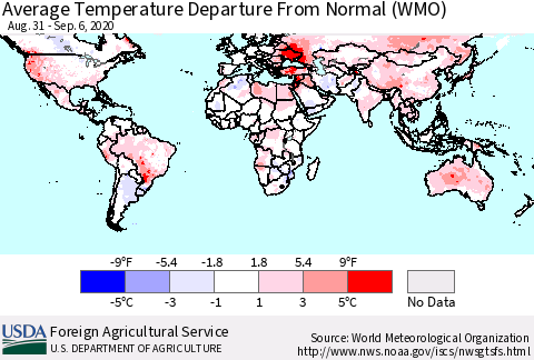 World Average Temperature Departure from Normal (WMO) Thematic Map For 8/31/2020 - 9/6/2020