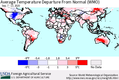 World Average Temperature Departure from Normal (WMO) Thematic Map For 9/7/2020 - 9/13/2020