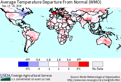 World Average Temperature Departure from Normal (WMO) Thematic Map For 9/14/2020 - 9/20/2020