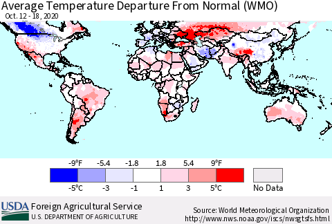 World Average Temperature Departure from Normal (WMO) Thematic Map For 10/12/2020 - 10/18/2020