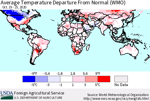 World Average Temperature Departure from Normal (WMO) Thematic Map For 10/19/2020 - 10/25/2020
