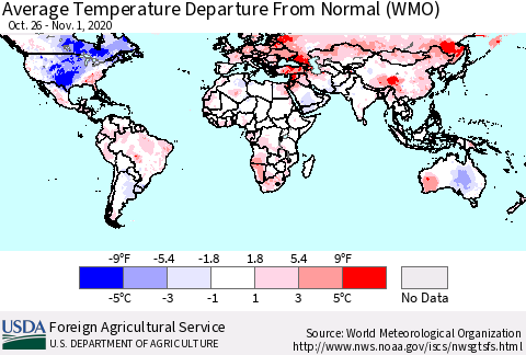 World Average Temperature Departure from Normal (WMO) Thematic Map For 10/26/2020 - 11/1/2020
