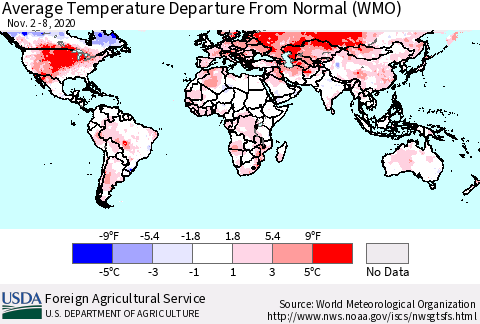 World Average Temperature Departure from Normal (WMO) Thematic Map For 11/2/2020 - 11/8/2020